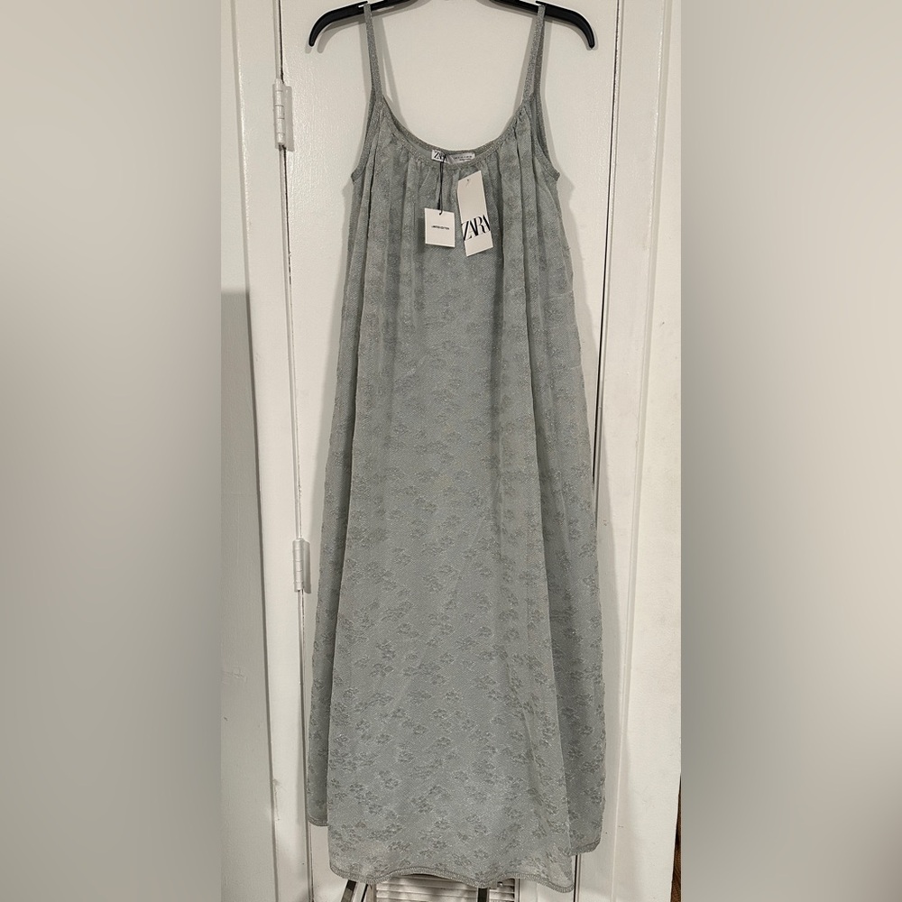 Zara Metallic silver Sheer Lace limited edition dress Maxi straps Size Small NWT